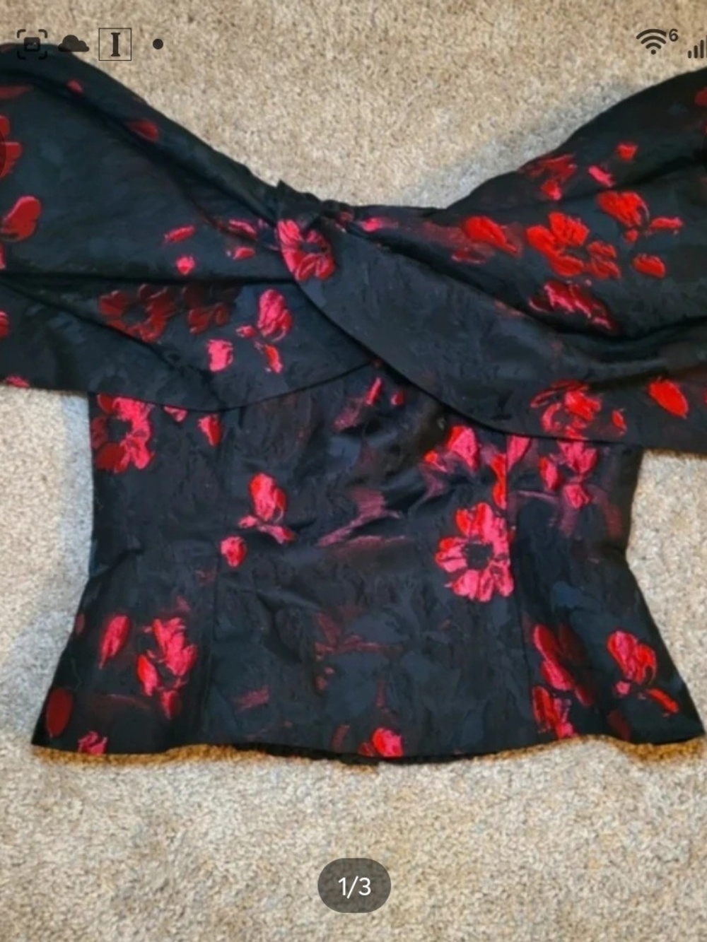White House Black Market Black Off-Shoulder Top with Red Floral Jacquard